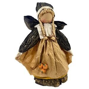 Vintage Paper Twist Pilgrim Woman Figurine Pumpkins Rustic Thanksgiving Decor